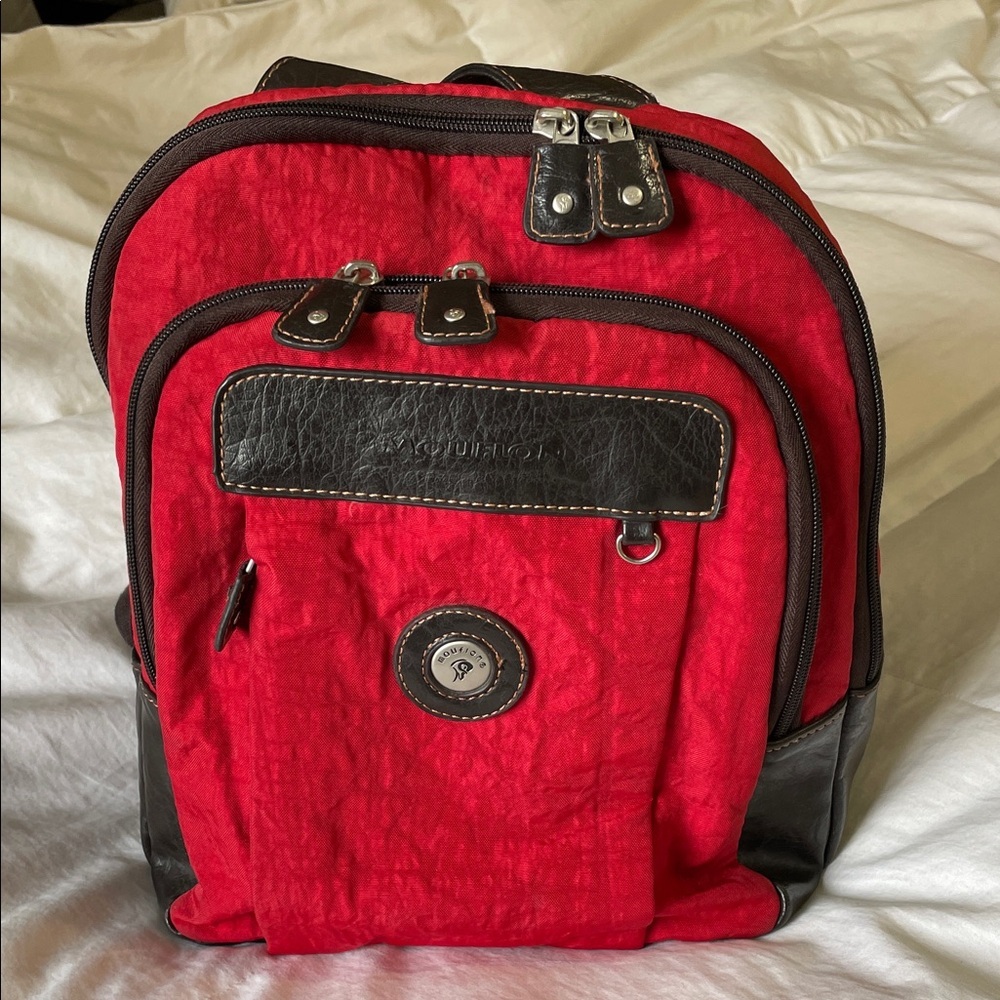 Moufion | Red | Nylon Backpack |Brown Faux Leather Trim | Mini |Adjustable Strap